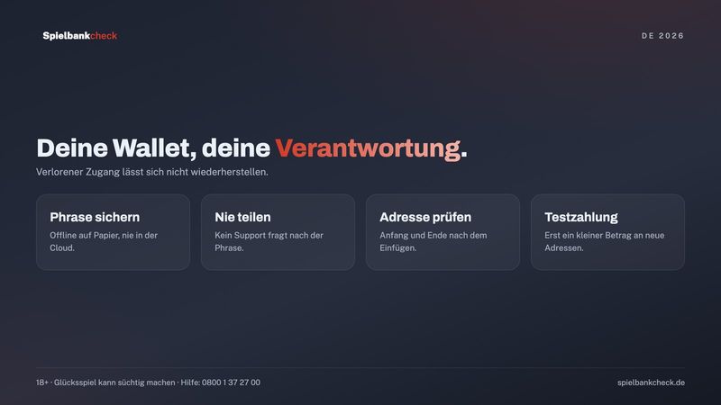 Wallet-Sicherheit im Krypto Casino: Wiederherstellungsphrase, Adresse prüfen, Netzwerk prüfen, kleine Testzahlung